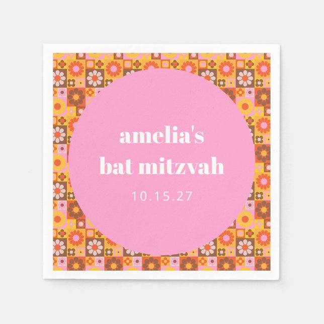 Geometric Floral Pink Orange Bat Mitzvah Custom Napkins (Front)