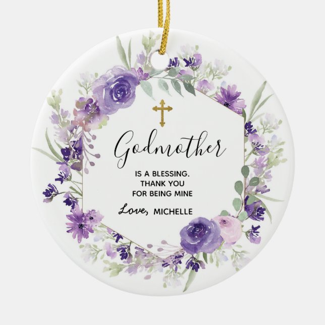 Geometric Floral Purple Godmother keepsake Ceramic Ornament (Front)