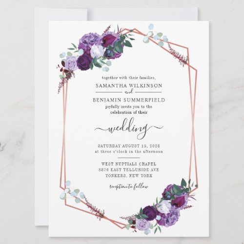 Geometric Floral Purple Greenery Botanical Wedding Invitation