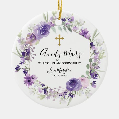 Geometric Floral Purple Will you be Godmother Ceramic Ornament