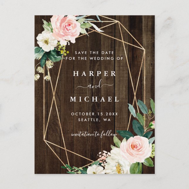 Geometric Floral Rustic Wood Photo Save the Date Postcard (Front)