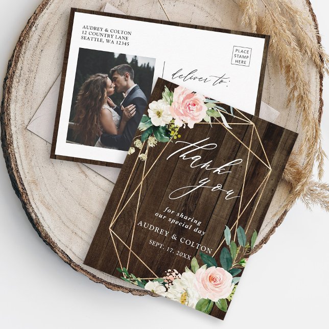 Geometric Floral Rustic Wood Thank You Photo Postcard (Front & Back)