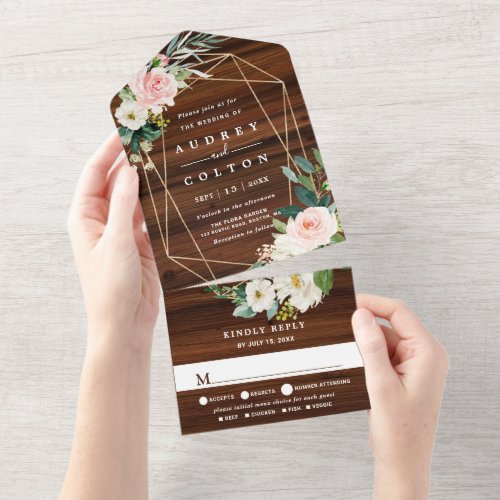 Geometric Floral Rustic Wood Wedding All In One Invitation