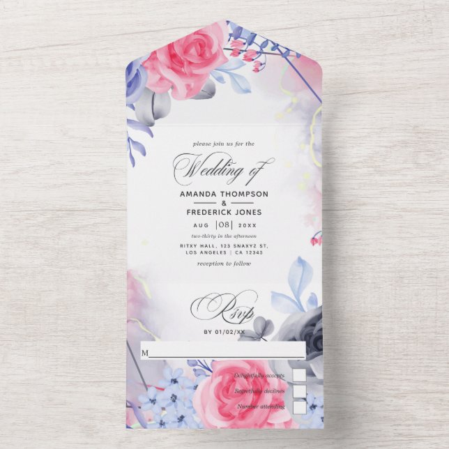 Geometric Floral Silver Ink Wedding All In One Inv Invitation (Inside)