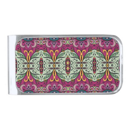 Geometric Floral Tribal Ethnic Doodle Silver Finish Money Clip