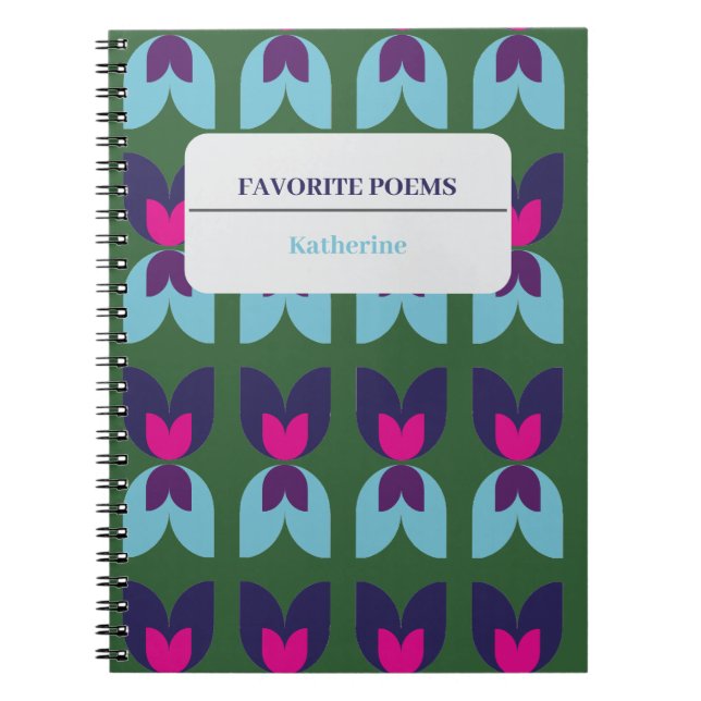 Geometric Floral Tulip Green & Navy Customise Notebook (Front)