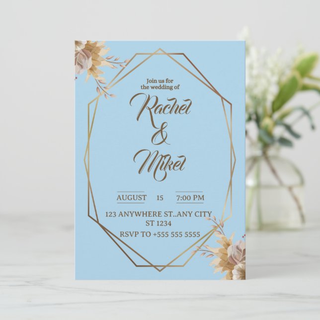 Geometric Floral Wedding Invitation with Gold  (Standing Front)