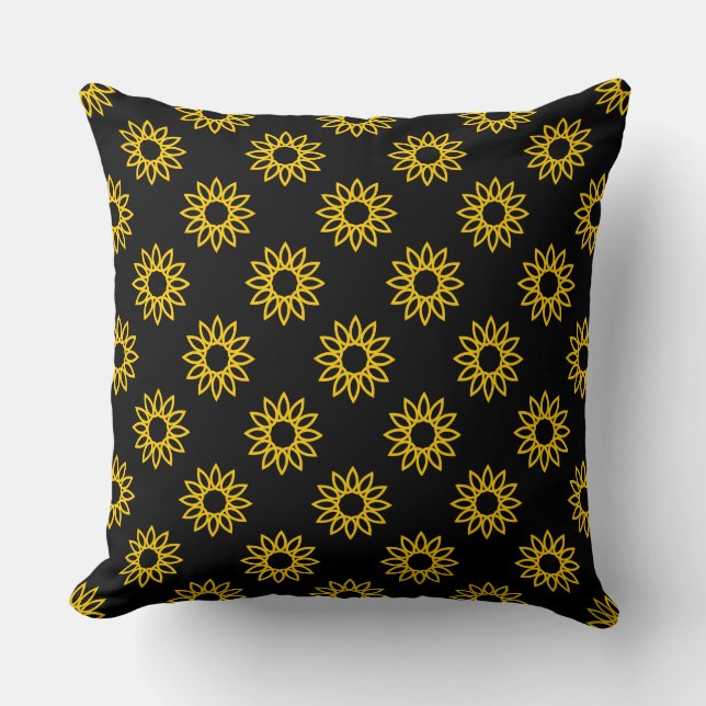 Geometric Flower 01 - Amber on Black Throw Pillow (Front)