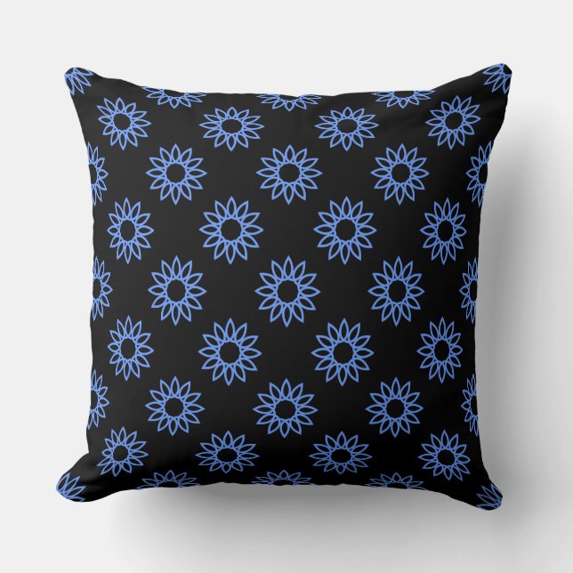 Geometric Flower 01 - Baby Blue on Black Throw Pillow (Front)