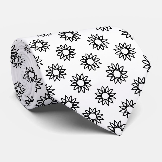 Geometric Flower 01 - Black on White Neck Tie (Rolled)