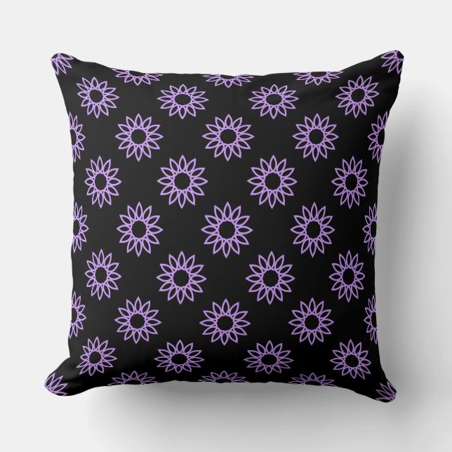 Geometric Flower 01 - Easter Purple on Black Throw Pillow (Front)