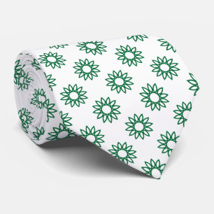 Geometric Flower 01 - Forest Green on White Neck Tie