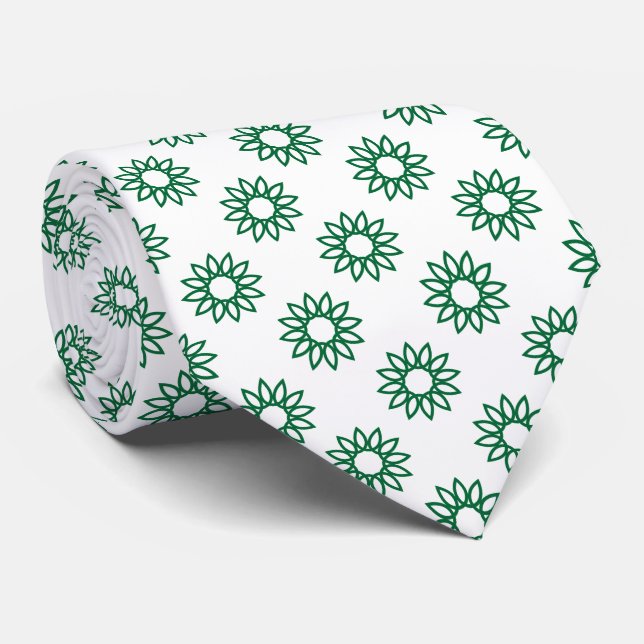 Geometric Flower 01 - Forest Green on White Neck Tie (Rolled)