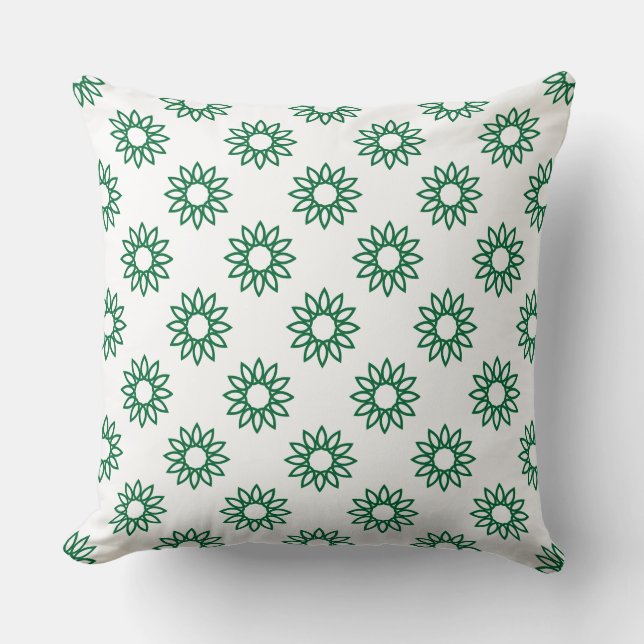 Geometric Flower 01 - Forest Green on White Throw Pillow (Front)