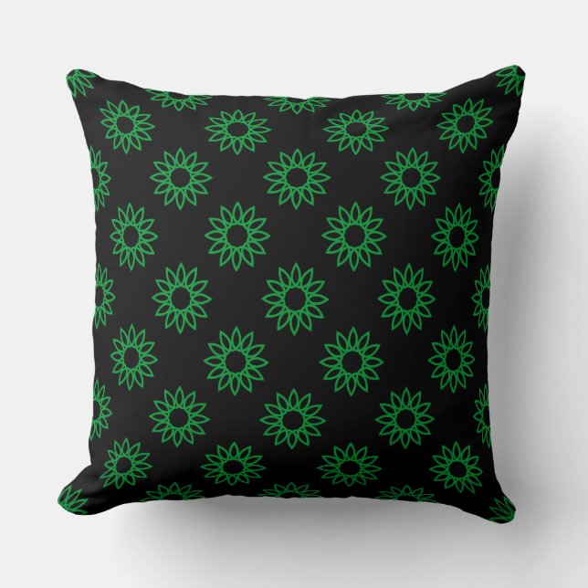 Geometric Flower 01 - Grass Green on Black Throw Pillow (Front)