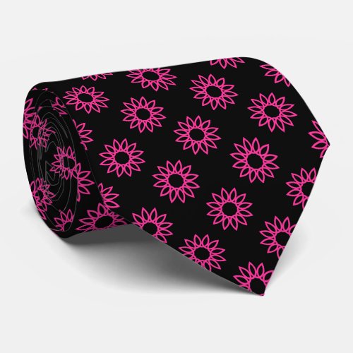 Geometric Flower 01 _ Hot Pink on Black Neck Tie