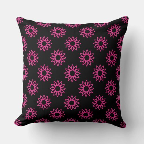 Geometric Flower 01 _ Hot Pink on Black Throw Pillow