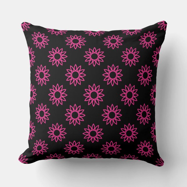 Geometric Flower 01 - Hot Pink on Black Throw Pillow (Front)