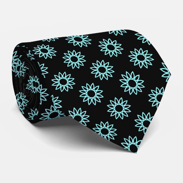 Geometric Flower 01 - Ice Blue on Black Neck Tie (Rolled)