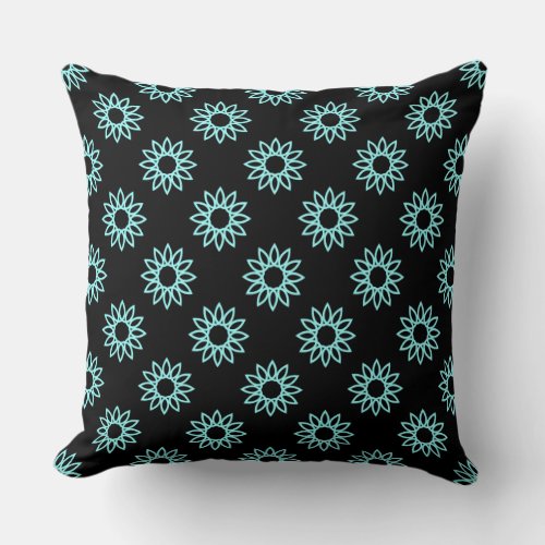 Geometric Flower 01 _ Ice Blue on Black Throw Pillow