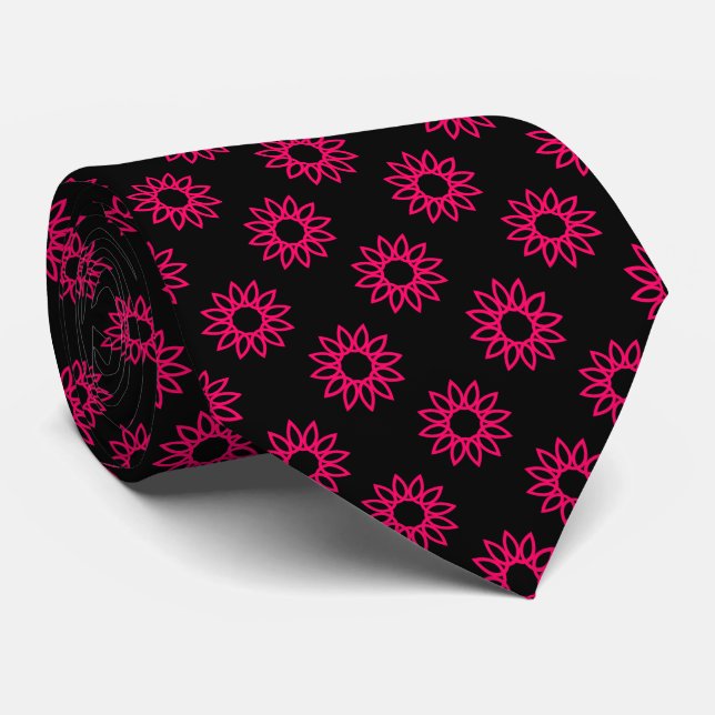 Geometric Flower 01 - Neon Red on Black Neck Tie (Rolled)