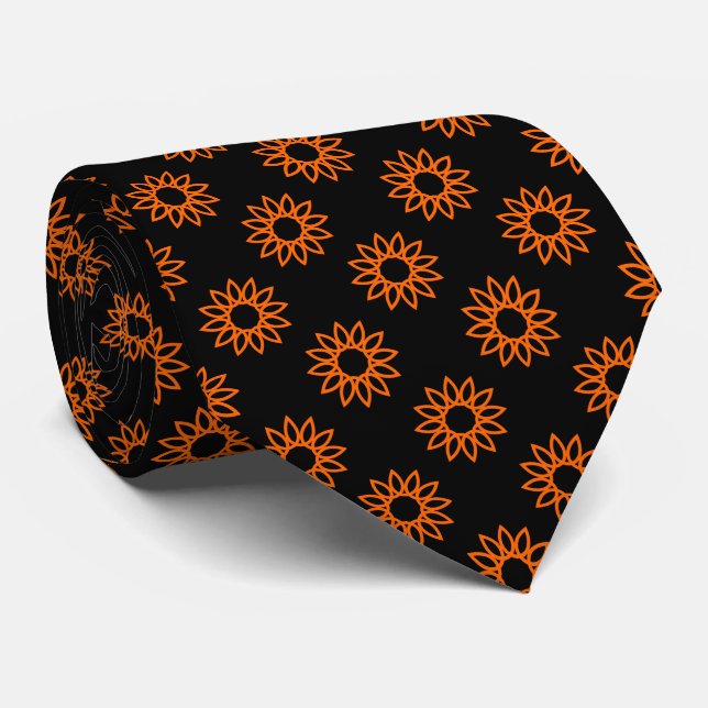 Geometric Flower 01 - Orange on Black Neck Tie (Rolled)