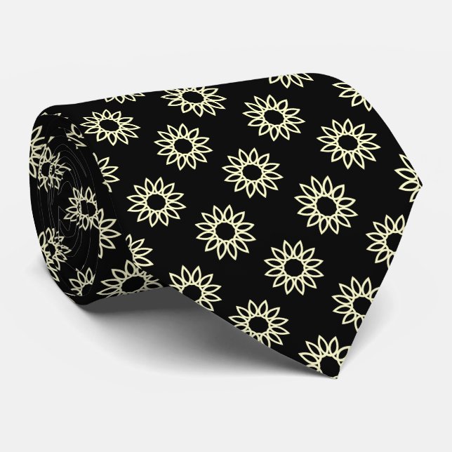 Geometric Flower 01 - Pale Yellow on Black Neck Tie (Rolled)