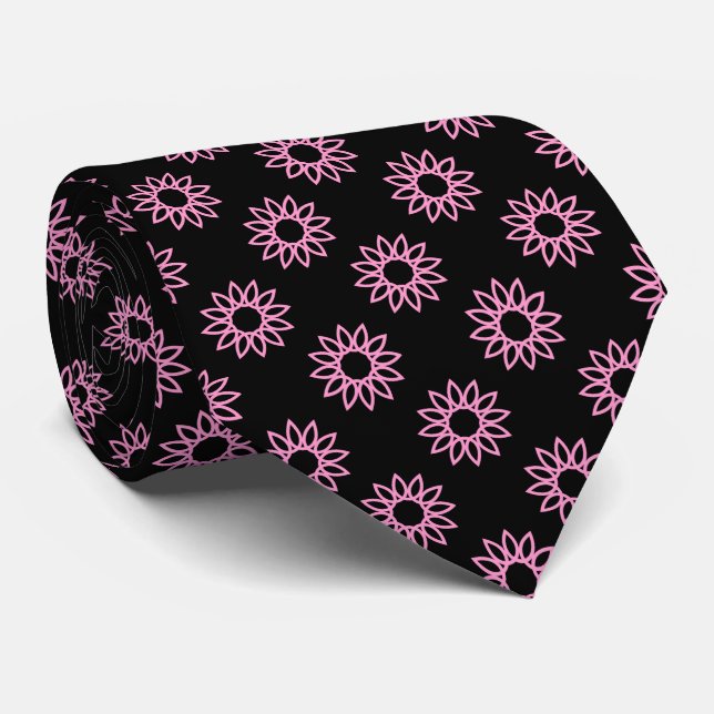 Geometric Flower 01 - Pink on Black Neck Tie (Rolled)