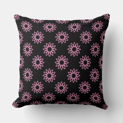 Geometric Flower 01 _ Pink on Black Throw Pillow
