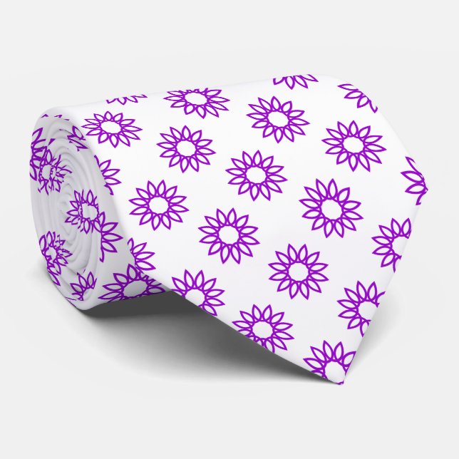 Geometric Flower 01 - Purple on White Neck Tie (Rolled)