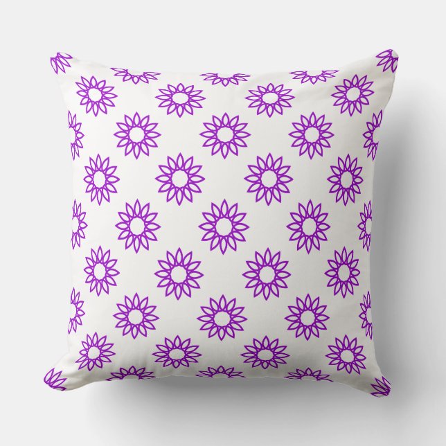 Geometric Flower 01 - Purple on White Throw Pillow (Front)