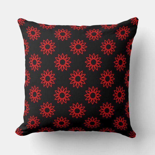 Geometric Flower 01 - Red on Black Throw Pillow (Front)