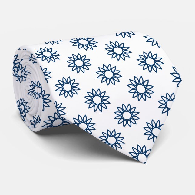 Geometric Flower 01 - Shibori Blue on White Neck Tie (Rolled)