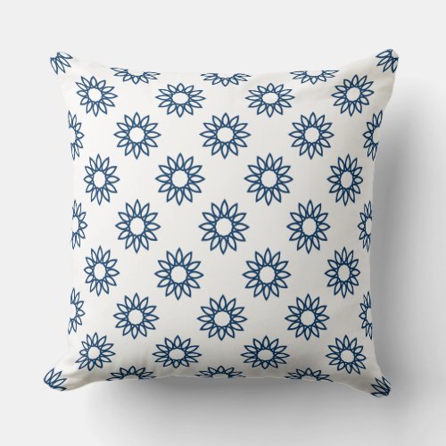 Geometric Flower 01 _ Shibori Blue on White Throw Pillow