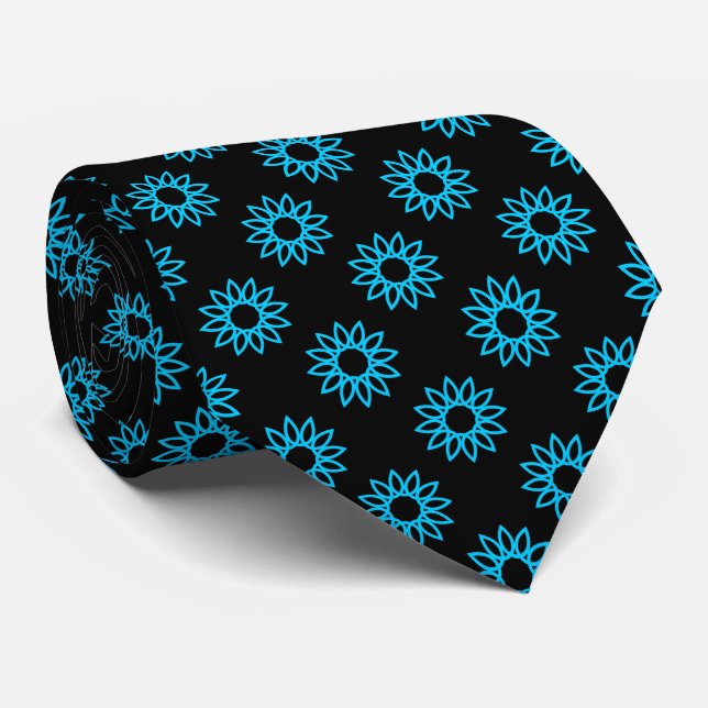 Geometric Flower 01 - Sky Blue on Black Neck Tie (Rolled)