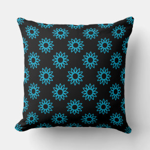Geometric Flower 01 - Sky Blue on Black Throw Pillow