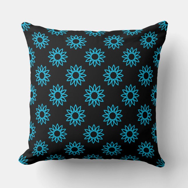 Geometric Flower 01 - Sky Blue on Black Throw Pillow (Front)