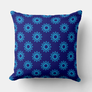 Geometric Flower 01 - Sky Blue on Deep Navy Throw Pillow