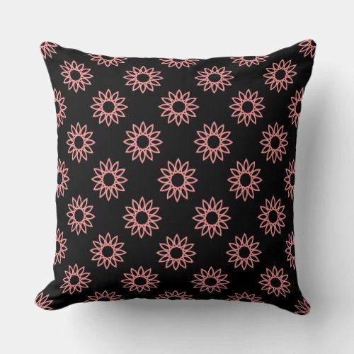Geometric Flower 01 _ Soft Pink on Black Throw Pillow