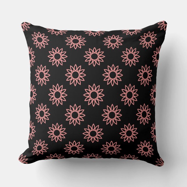 Geometric Flower 01 - Soft Pink on Black Throw Pillow (Front)