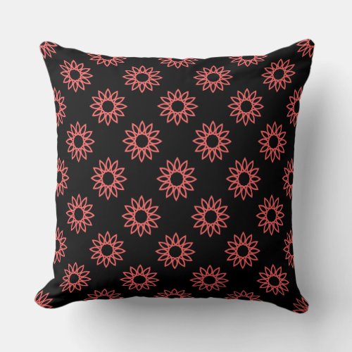 Geometric Flower 01 _ Tropical Pink on Black Throw Pillow
