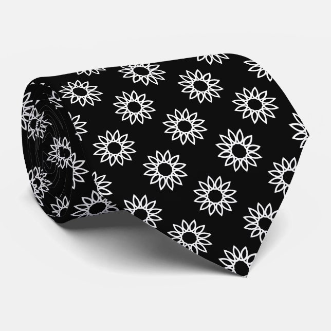 Geometric Flower 01 - White on Black Neck Tie (Rolled)