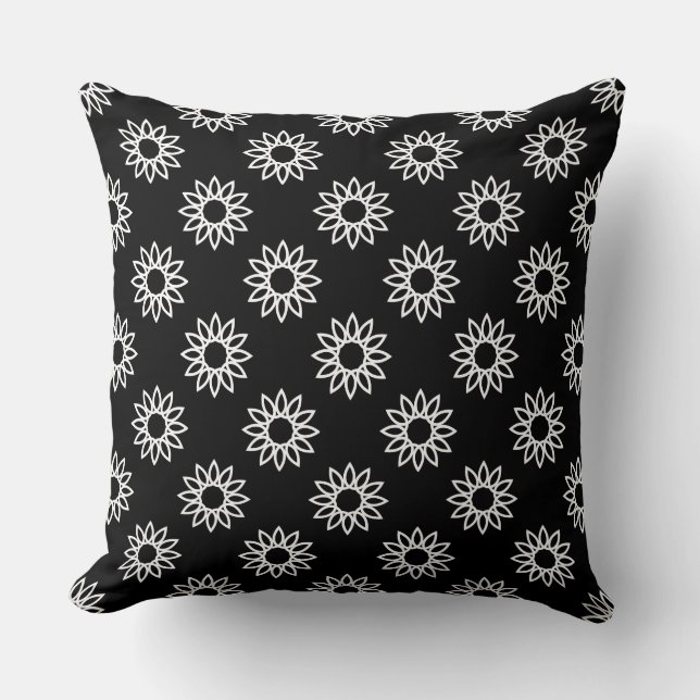 Geometric Flower 01 - White on Black Throw Pillow (Front)