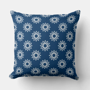 Geometric Flower 01 - White on Shibori Blue Throw Pillow