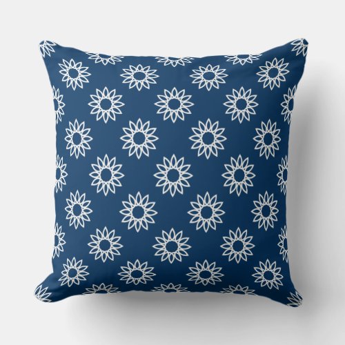 Geometric Flower 01 _ White on Shibori Blue Throw Pillow