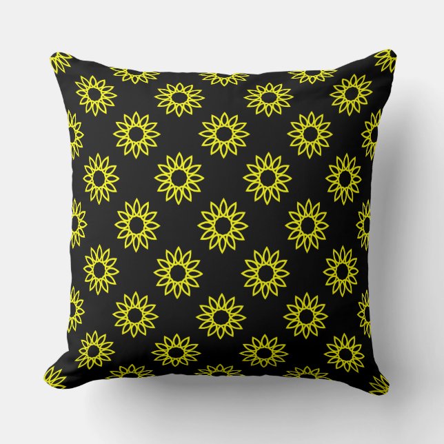 Geometric Flower 01 - Yellow on Black Throw Pillow (Front)