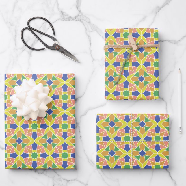 Geometric Flower Ornament Colorful Pattern Wrapping Paper Sheets (Front)