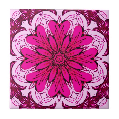 Geometric Flower Pattern in Burgundy  Magenta  Ceramic Tile