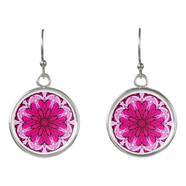 Geometric Flower Pattern in Burgundy & Magenta    Earrings (Front)