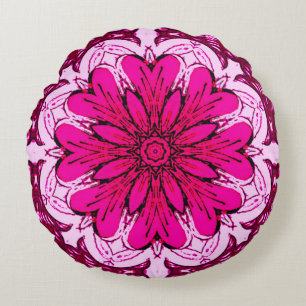 Geometric Flower Pattern in Burgundy & Magenta Round Pillow